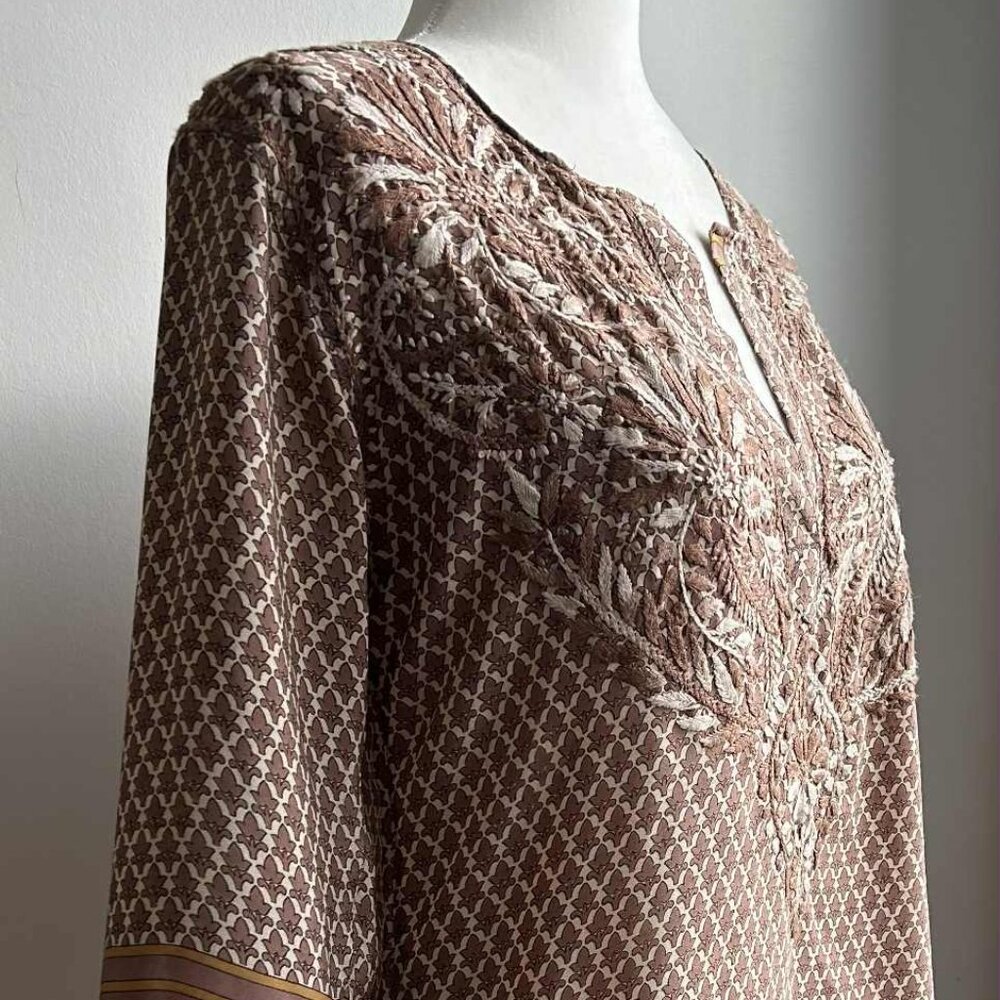 Gretchen Scott Cocoa-Ivory Embroidered Silk-Blend Tunic with Border Print – US S